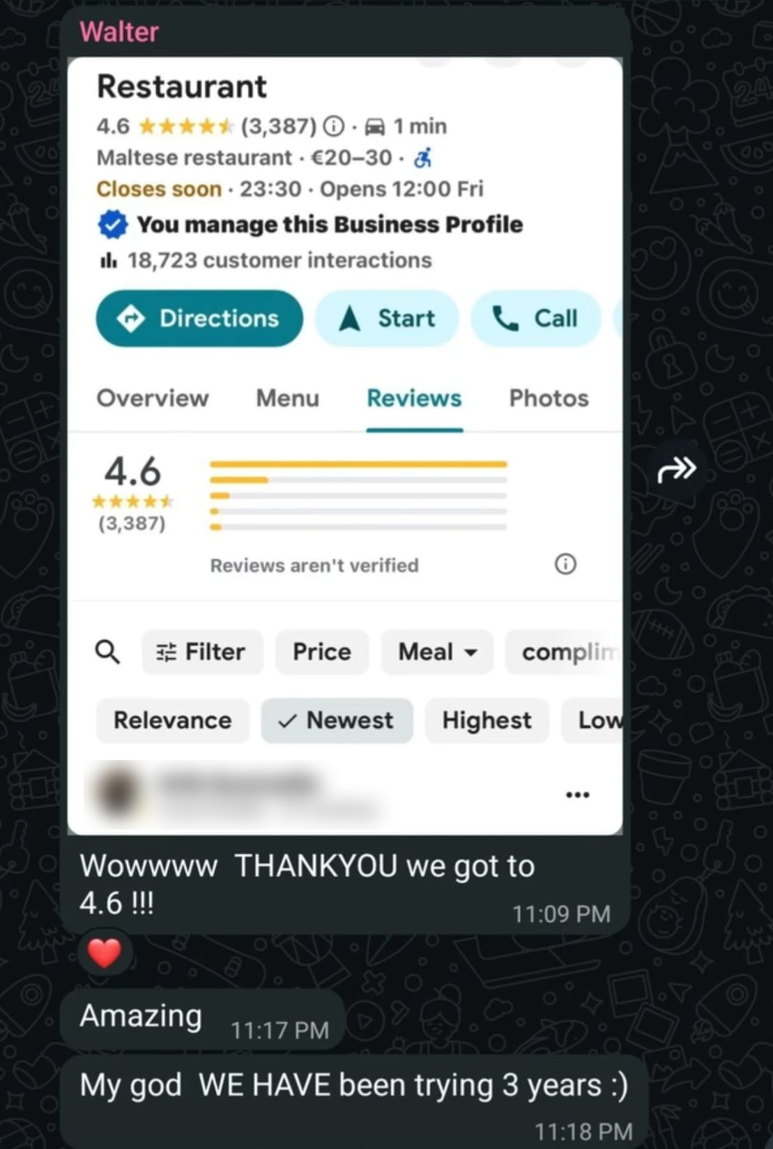 Walter's full WhatsApp message: his screenshot of the Google profile at 4.6 stars with 3,387 reviews, then: Wowwww thank you, we got to 4.6. Amazing. My god, we have been trying 3 years